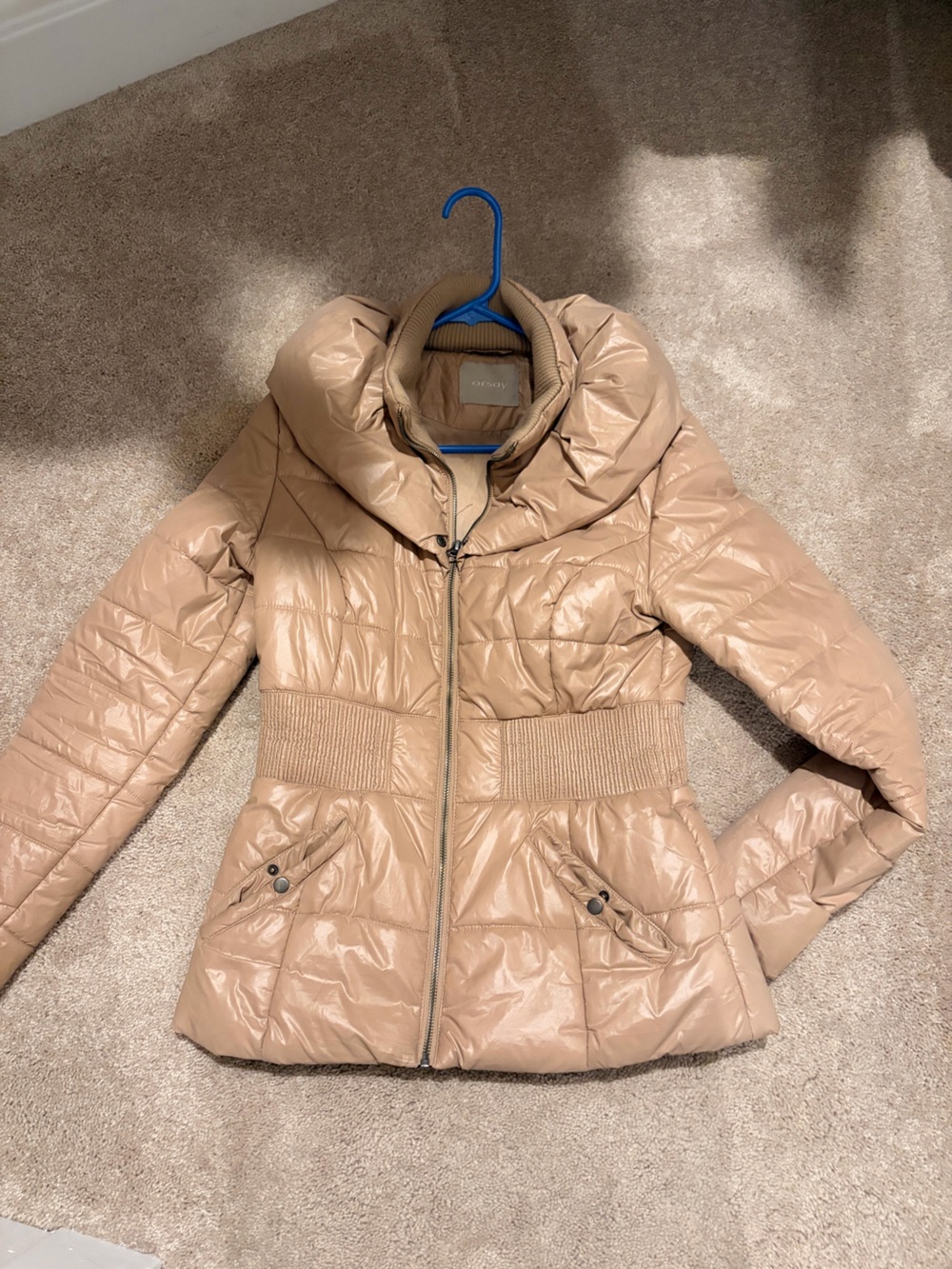Women's Beige Puffer Jacket with Rib Waist